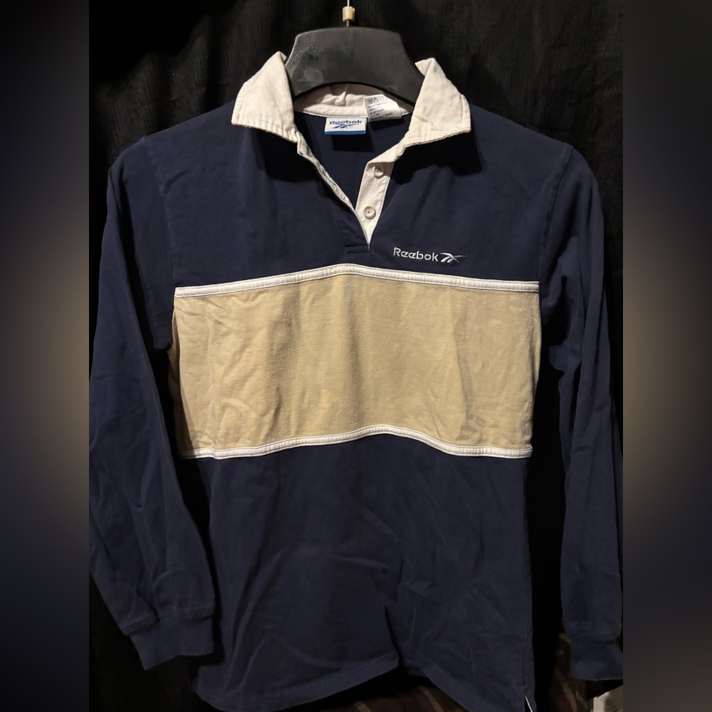 Vintage Reebok Men's Navy and Tan S Long Sleeve Rugby Shirt
